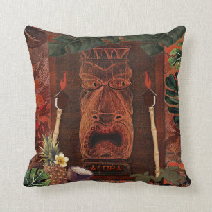 Vintage Tiki Aloha Hawaiian Luau Tropical Throw Pillow