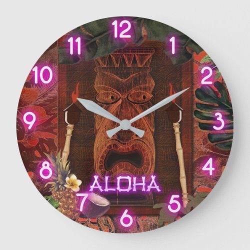 Vintage Tiki Aloha Purple Glow Hawaiian Tropical Large Clock