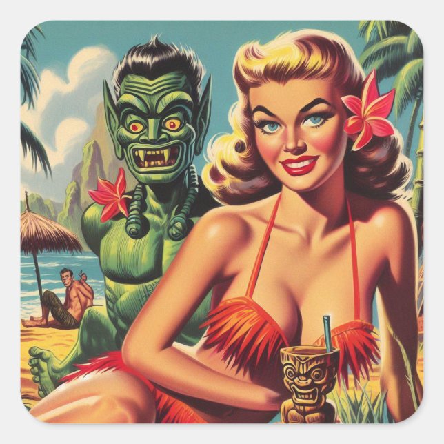 Vintage Tiki Pin Up Square Sticker (Front)