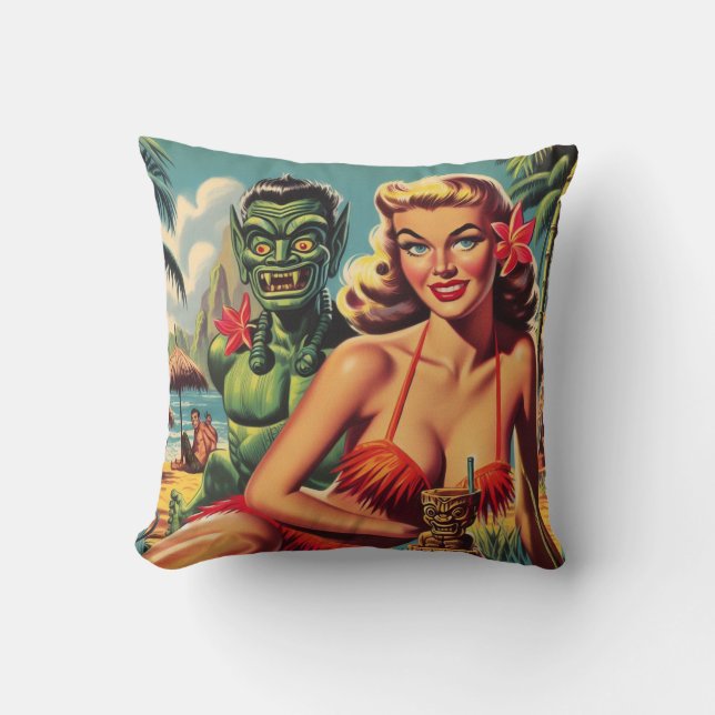 Vintage Tiki Pin Up Throw Pillow (Front)