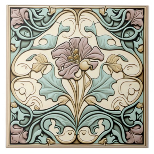 Vintage tile Art Nouveau Rose flower Pastel Ceramic Tile