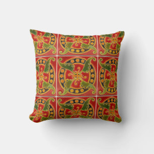 Vintage Tile Art Sienna Green Throw Pillow