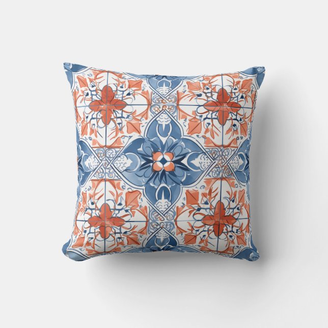 Vintage Tile Floral Personalized Throw Pillow (Front)