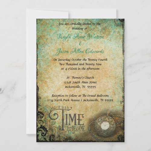 Vintage Time Piece Two Become One Wedding Invite