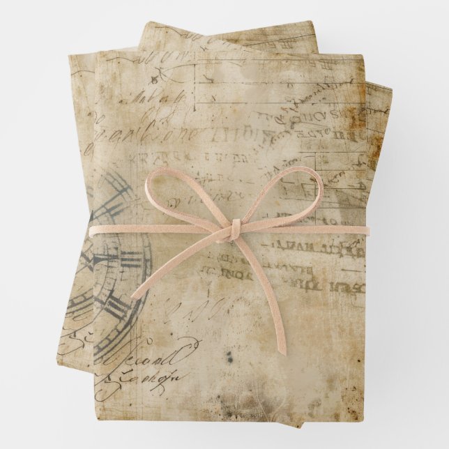 Vintage Timekeeper Collage Pattern Wrapping Paper Sheets (In situ)