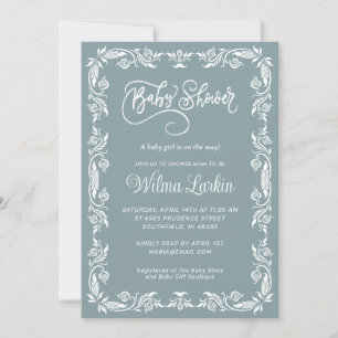 Vintage Timeless Floral Frame Blue Baby Shower Invitation