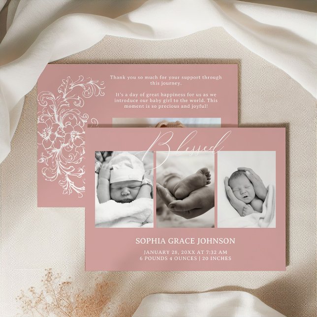 Vintage Timeless Floral Pink Baby Announcement (Creator Uploaded)