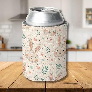 Vintage Tiny Bunny Faces with Roses Pattern Can Cooler