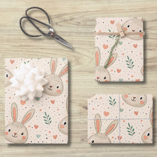 Vintage Tiny Bunny Faces with Roses Pattern Wrapping Paper Sheets