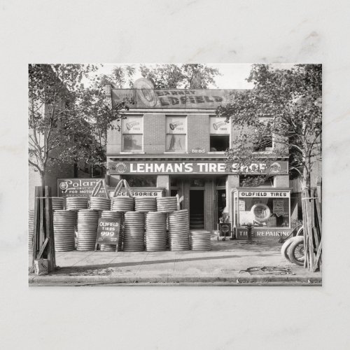 Vintage Tire Shop Black and White Photo Postcard