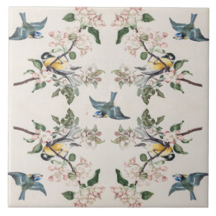 Vintage tit birds on an apple tree ceramic tile