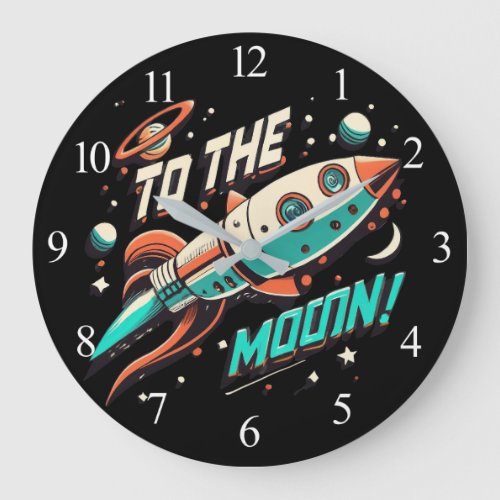 Vintage To The Moon Rocket ship Large Clock