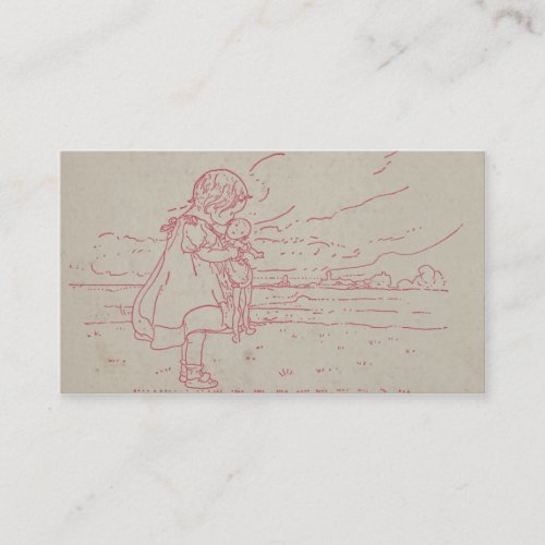 Vintage toddler girl with baby doll business card