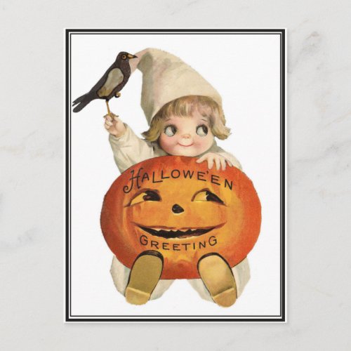 Vintage Toddler with Raven  Pumpkin Halloween Postcard