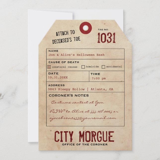Vintage Toe Tag Adult Halloween Party Invite (Front)