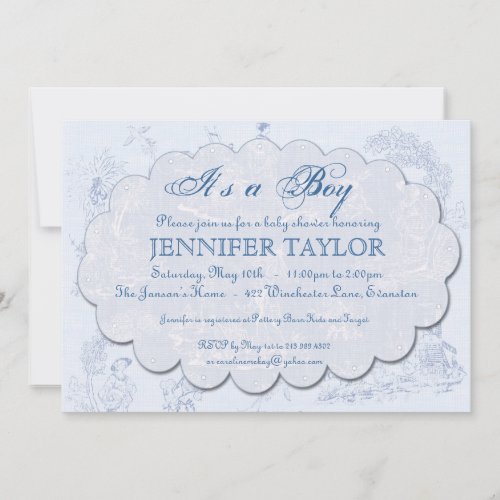 Vintage Toile Baby Shower Invitation Blue