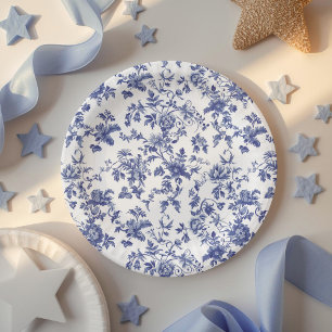 Vintage Toile Blue Bow Rocking Horse Baby Shower Paper Plates