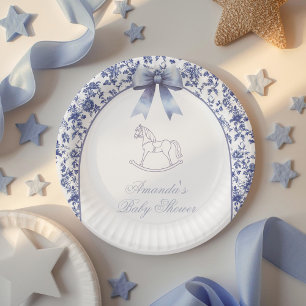 Vintage Toile Blue Bow Rocking Horse Baby Shower Paper Plates