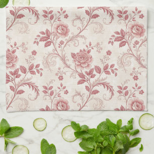 Vintage Toile De Jouy Dusty Rose Pattern Kitchen Towel