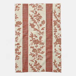 Vintage Toile de Jouy Floral Stripe in Terracotta Kitchen Towel