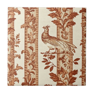 Vintage Toile de Jouy Floral Stripe with Hen (5) Ceramic Tile