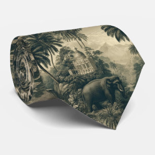 Vintage Toile Elephant Jungle Art Tropical Botanic Neck Tie