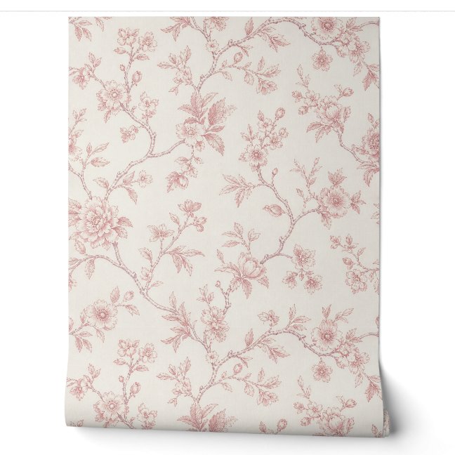 Vintage Toile Floral Pattern in Muted Red Wallpaper