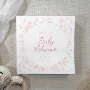 Vintage Toile Pink Floral Scalloped Baby Shower Napkins