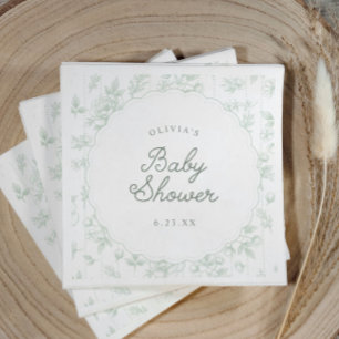 Vintage Toile Sage Floral Scalloped Baby Shower Napkins
