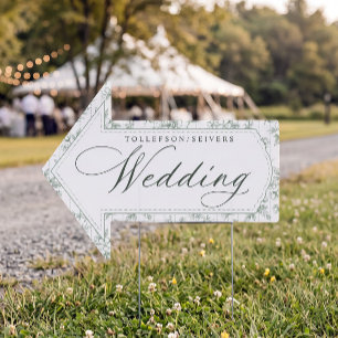 Vintage Toile Sage Wedding Directional Arrow Sign