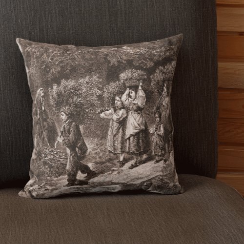 Vintage Toile Traditional Swiss Valais Procession Throw Pillow