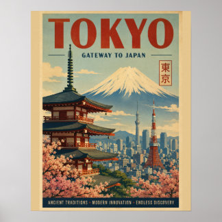 Vintage Tokyo Travel Poster with Mt. Fuji, Cherry