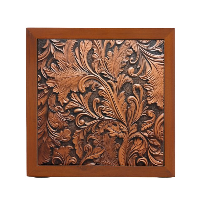 Vintage tooled leather Desk Organizer (Front)