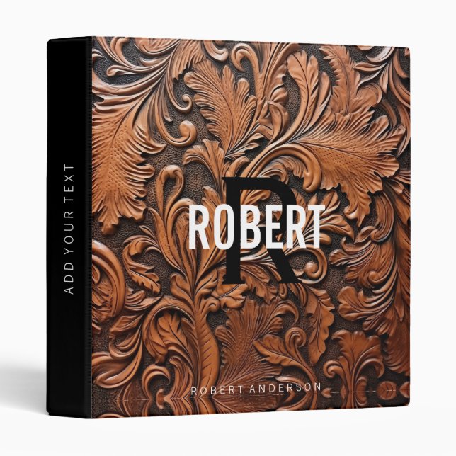 Vintage tooled leather monogram name 3 ring binder (Front/Spine)