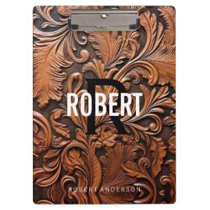Vintage tooled leather monogram name clipboard