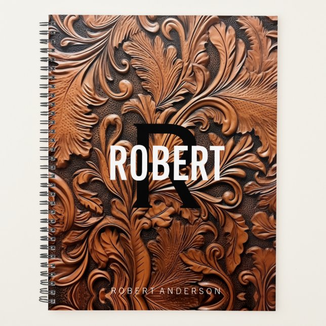 Vintage tooled leather monogram name planner (Front)