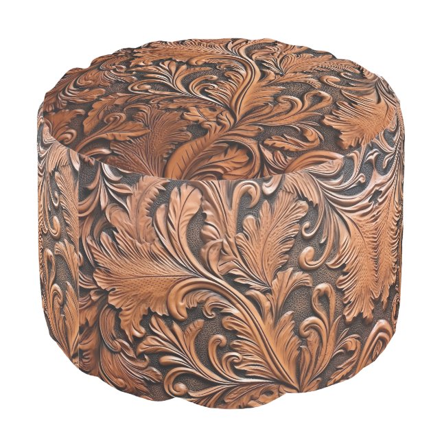 Vintage tooled leather pouf (Angled Back)