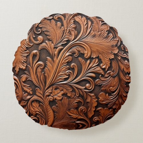 Vintage tooled leather round pillow
