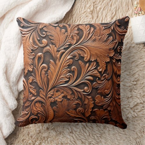 Vintage tooled leather throw pillow