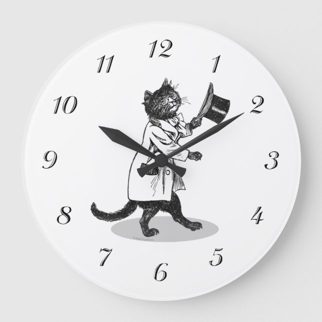 Vintage Top Hat Cat Wall Clock Black Numbers (Front)