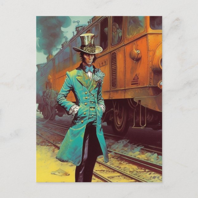 Vintage Top Hat Man and the Train Postcard (Front)