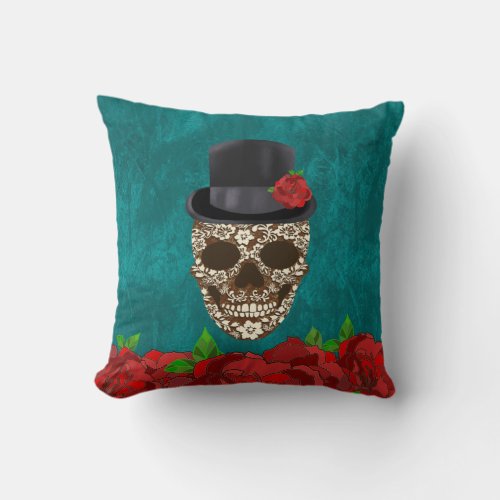 Vintage Top Hat Red Roses Floral Male Sugar Skull Throw Pillow