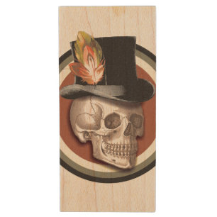 Vintage Top Hat Skull Wood USB Flash Drive
