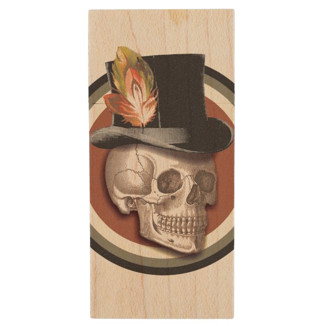 Vintage Top Hat Skull Wood USB Flash Drive (Front Vertical)