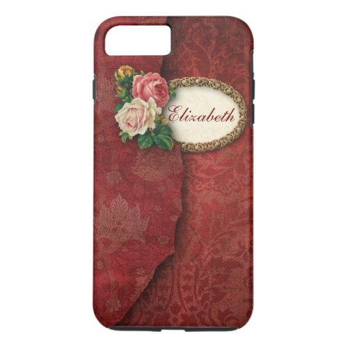 Vintage Torn Red Damask and Roses Personalized iPhone 8 Plus7 Plus Case
