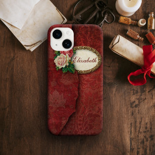 Vintage Torn Red Damask and Roses Personalized Tough iPhone 6 Plus Case
