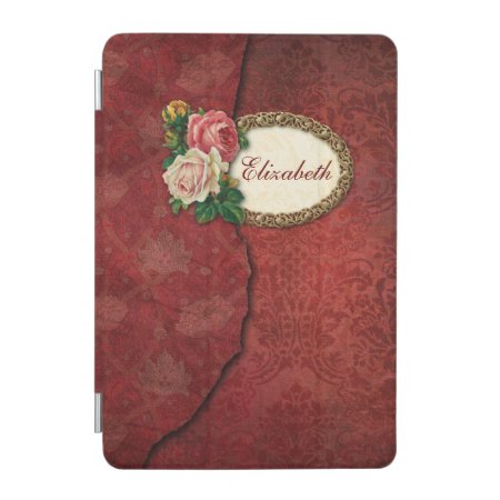 Vintage Torn Red Damask And Roses Personalized Ipad Mini Cover