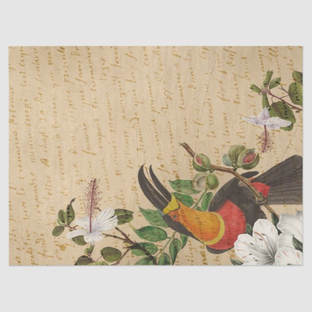 Vintage Toucan and Tropical Flower Decoupage Tissue Paper (Front)