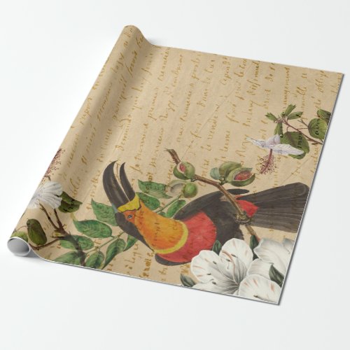 Vintage Toucan and Tropical Flower Wrapping Paper