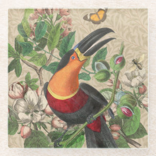 Vintage Toucan Botanical Collage William Morris Glass Coaster